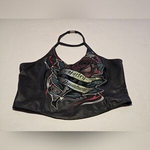Womens Top Harley Davidson Black Leather Halter Top Size XL Embroidered